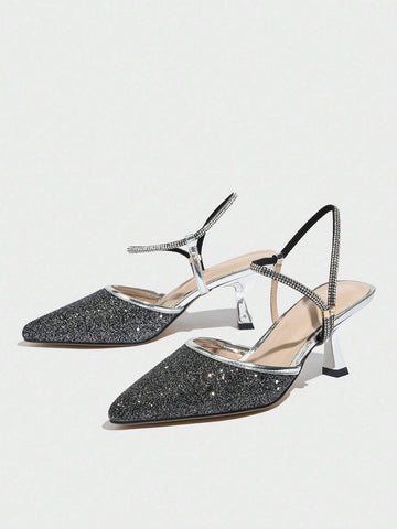 Women's Shiny High Heel Pumps, Fashion Pointed Toe Metallic Party Shoes, Elegant Mid Heel Sexy Ankle Strap