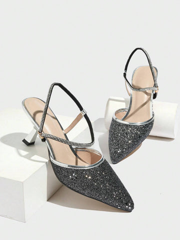 Women's Shiny High Heel Pumps, Fashion Pointed Toe Metallic Party Shoes, Elegant Mid Heel Sexy Ankle Strap
