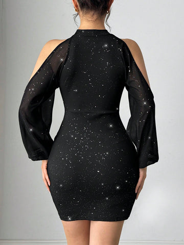 Women's Shiny Open Shoulder Mesh Lantern Sleeve Pleated Fitted Elegant Dress