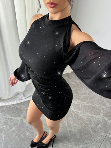 Women's Shiny Open Shoulder Mesh Lantern Sleeve Pleated Fitted Elegant Dress