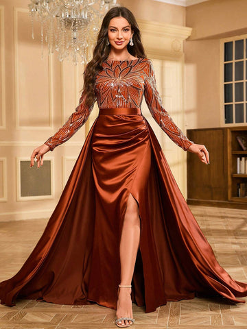 Women's Shiny Sequin Satin Patchwork High Slit Hem Floor-Length Evening Dress