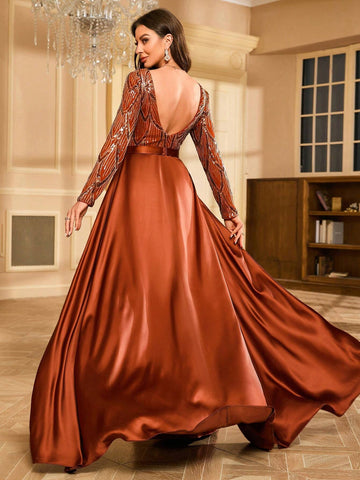 Women's Shiny Sequin Satin Patchwork High Slit Hem Floor-Length Evening Dress