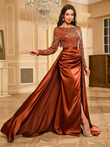 Women's Shiny Sequin Satin Patchwork High Slit Hem Floor-Length Evening Dress