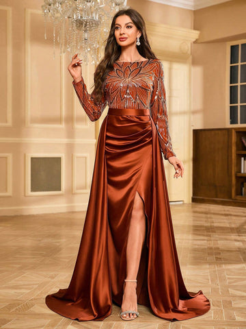 Women's Shiny Sequin Satin Patchwork High Slit Hem Floor-Length Evening Dress