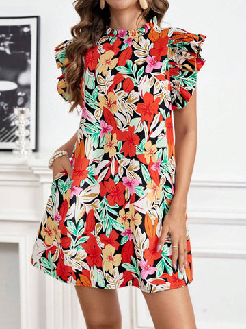 Women's Shirred Dress With Ruffled Sleeves, Tropical Multicolor Floral Print, Ideal For Vacation And Leisure