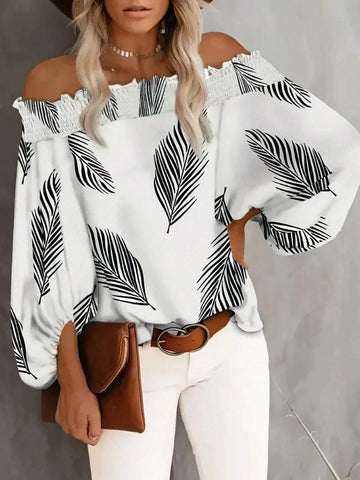 Women's Shirred Full Allover Print Long Sleeve Blouse