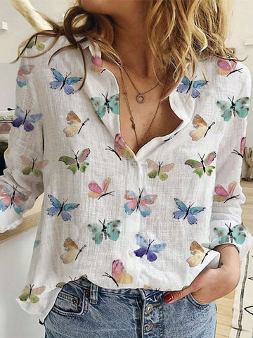 Women's Shirts,Butterfly Print Long Sleeve Shirt For Spring & Summer - Casual Button Front Top With Stylish Design