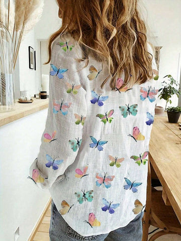 Women's Shirts,Butterfly Print Long Sleeve Shirt For Spring & Summer - Casual Button Front Top With Stylish Design