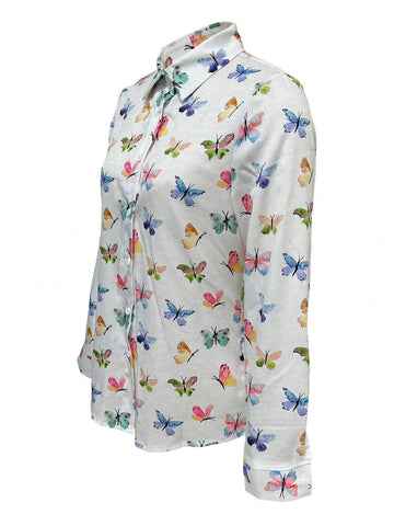 Women's Shirts,Butterfly Print Long Sleeve Shirt For Spring & Summer - Casual Button Front Top With Stylish Design