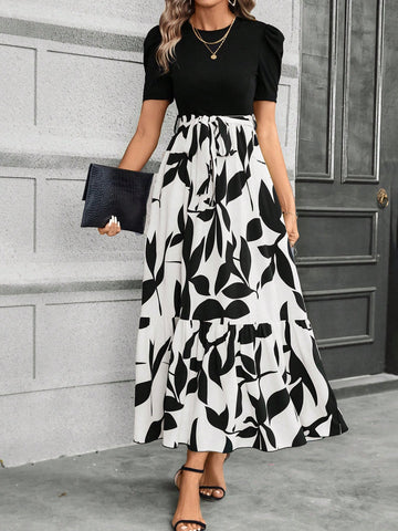 Women's Short Balloon Sleeve Dress With Plant Printing