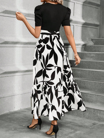 Women's Short Balloon Sleeve Dress With Plant Printing