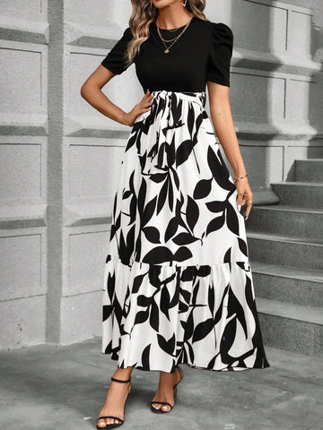 Women's Short Balloon Sleeve Dress With Plant Printing