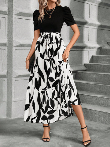 Women's Short Balloon Sleeve Dress With Plant Printing