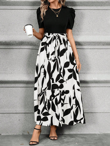 Women's Short Balloon Sleeve Dress With Plant Printing