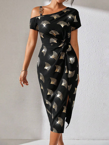 Women's Short Sleeve Asymmetric Collar & Metal Buckle Design Gold Foil Print Split Maxi Dress