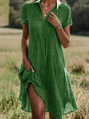 Women's Short Sleeve Loose Fashion Soft Charming Elegant Polka Dot V-Neck A-Line Dress
