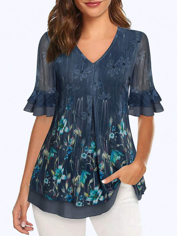 Women's Short Sleeve Tunic Tops Casual Loose Fit Floral Blouses Mesh Pleated Layered Shirt