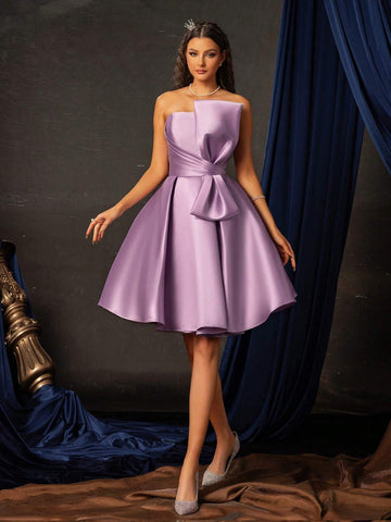 Women's Short Strapless Dress With Large Bow Decoration, High-End Texture, Suitable For Parties And Evening Occasions