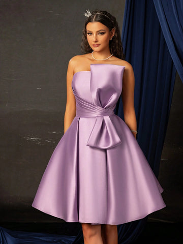 Women's Short Strapless Dress With Large Bow Decoration, High-End Texture, Suitable For Parties And Evening Occasions