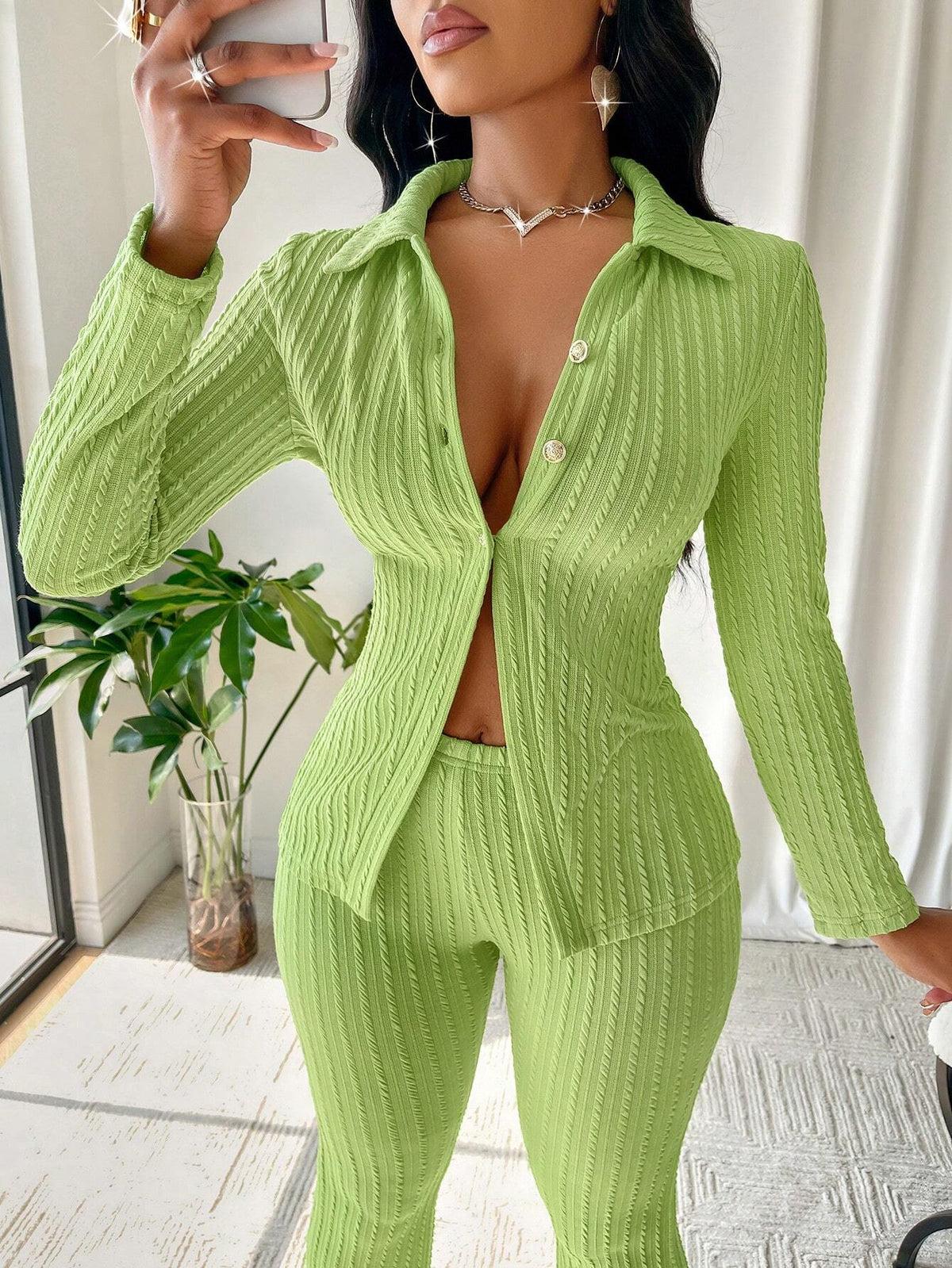 Women's Simple Casual Fresh Avocado Green Color Fashion Texture Knit Long Sleeve Slit Top & Flare Leg Pants Two Piece Set For Home, Sports(Random Pattern)