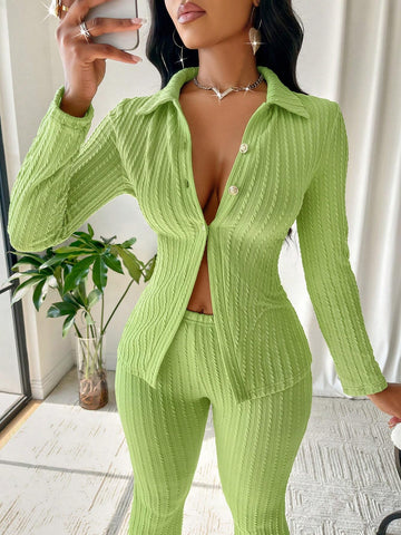 Women's Simple Casual Fresh Avocado Green Color Fashion Texture Knit Long Sleeve Slit Top & Flare Leg Pants Two Piece Set For Home, Sports(Random Pattern)