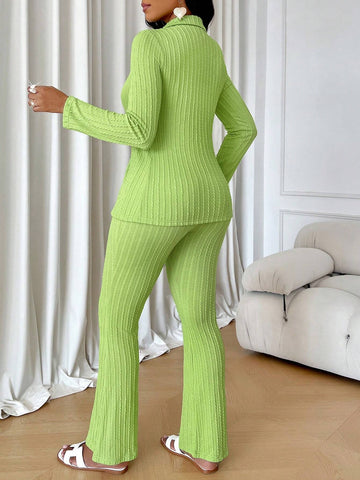 Women's Simple Casual Fresh Avocado Green Color Fashion Texture Knit Long Sleeve Slit Top & Flare Leg Pants Two Piece Set For Home, Sports(Random Pattern)