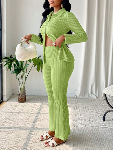 Women's Simple Casual Fresh Avocado Green Color Fashion Texture Knit Long Sleeve Slit Top & Flare Leg Pants Two Piece Set For Home, Sports(Random Pattern)