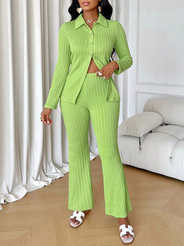 Women's Simple Casual Fresh Avocado Green Color Fashion Texture Knit Long Sleeve Slit Top & Flare Leg Pants Two Piece Set For Home, Sports(Random Pattern)