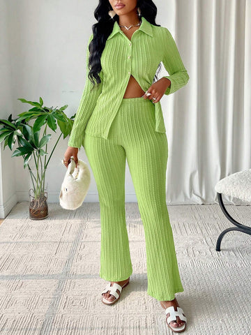 Women's Simple Casual Fresh Avocado Green Color Fashion Texture Knit Long Sleeve Slit Top & Flare Leg Pants Two Piece Set For Home, Sports(Random Pattern)
