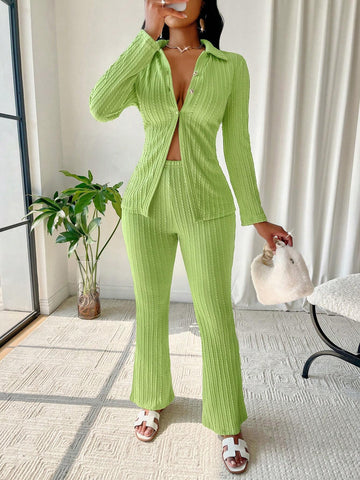 Women's Simple Casual Fresh Avocado Green Color Fashion Texture Knit Long Sleeve Slit Top & Flare Leg Pants Two Piece Set For Home, Sports(Random Pattern)