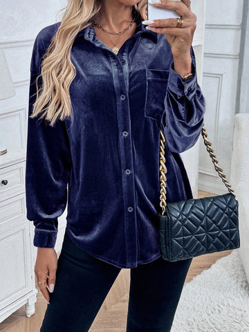 Women's Simple Solid Color Velvet Shirt, Casual For Autumn