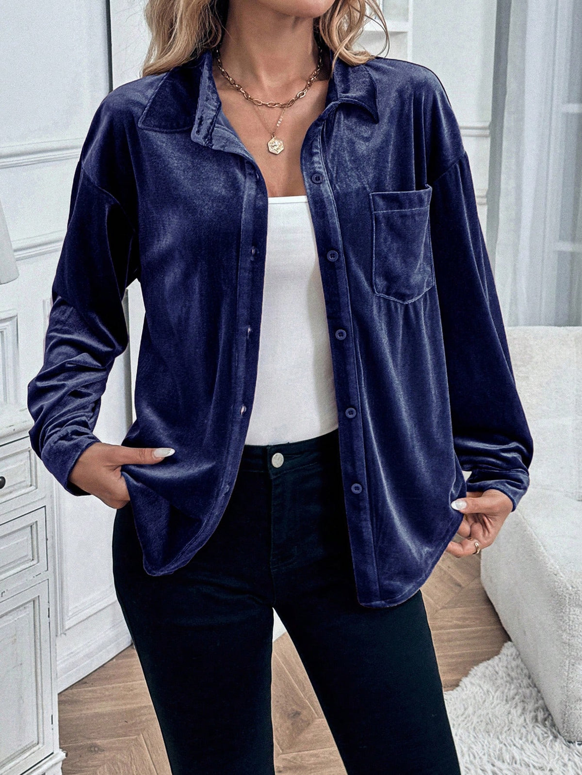 Women's Simple Solid Color Velvet Shirt, Casual For Autumn