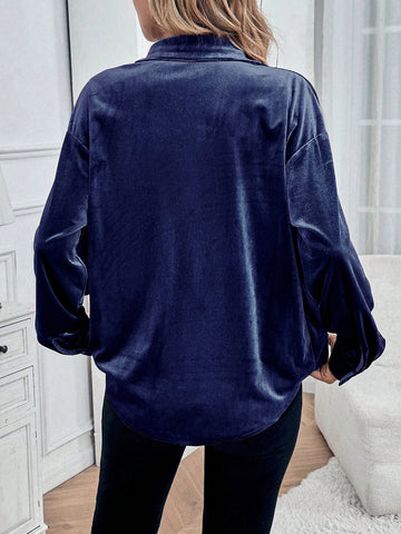Women's Simple Solid Color Velvet Shirt, Casual For Autumn