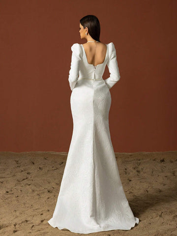 Women's Simple Square Neckline Long Sleeve French Style Light Wedding Dress