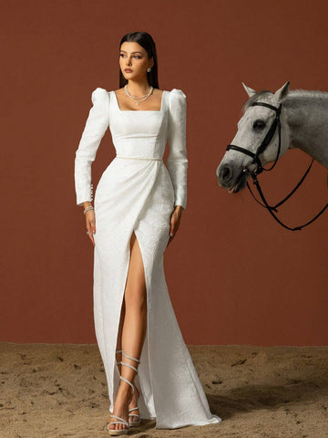 Women's Simple Square Neckline Long Sleeve French Style Light Wedding Dress