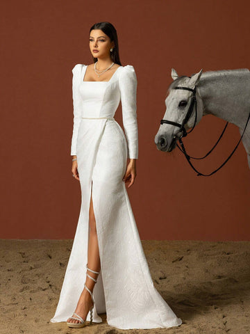 Women's Simple Square Neckline Long Sleeve French Style Light Wedding Dress