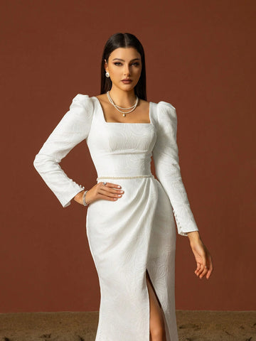 Women's Simple Square Neckline Long Sleeve French Style Light Wedding Dress