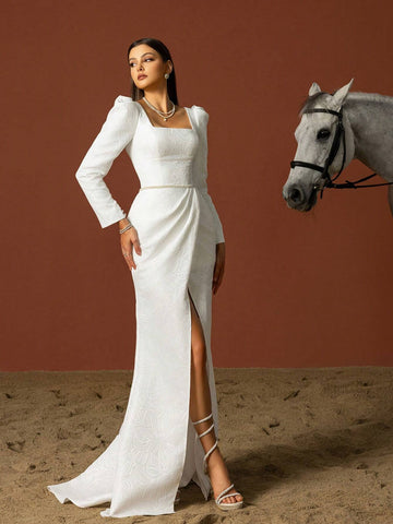 Women's Simple Square Neckline Long Sleeve French Style Light Wedding Dress