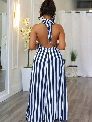 Women's Simple & Daily Lines Printed V-Neck Fashion Dress With Neck Tie