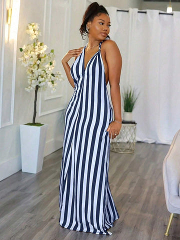 Women's Simple & Daily Lines Printed V-Neck Fashion Dress With Neck Tie
