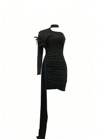 Women's Single Long Sleeve Asymmetric Shoulder Cape Feathered Maxi Dress