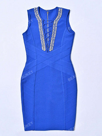 Women's Sleeveless Deep V Neck Beaded Drawstring Mini Dress, Navy Blue Sexy Party Gown