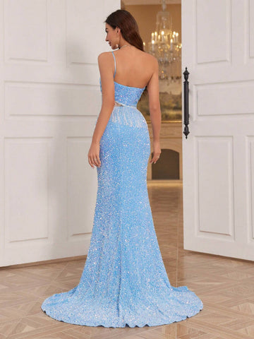 Women's Sleeveless Evening Dress With Sequin Design, Fringe Detail, High Split Hem