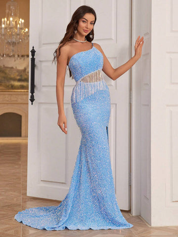 Women's Sleeveless Evening Dress With Sequin Design, Fringe Detail, High Split Hem