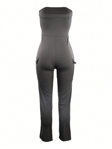 Women's Sleeveless Fashion Sexy Ribber Pocket High Elastic Backless Bodycon Tights Casual Sports Jumpsuit