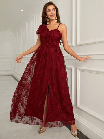 Women's Sleeveless Lace Evening Party Dress With Ruffle Edge Decoration