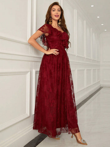 Women's Sleeveless Lace Evening Party Dress With Ruffle Edge Decoration