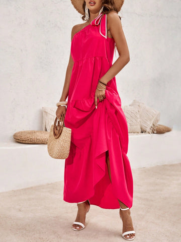 Women's Sleeveless One Shoulder Knot Detail Dress