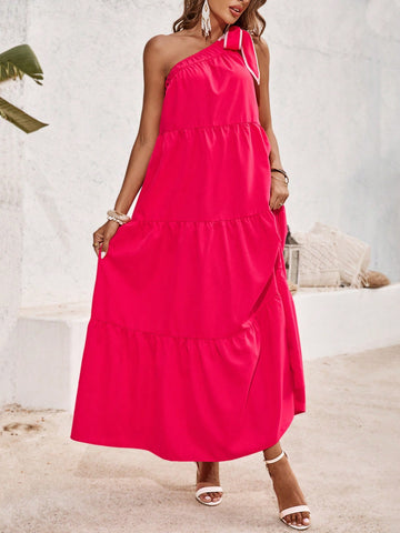 Women's Sleeveless One Shoulder Knot Detail Dress