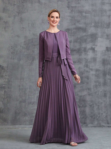 Women's Sleeveless Pleat Hem Chiffon Party Dress&Long Sleeve Chiffon Cardigan